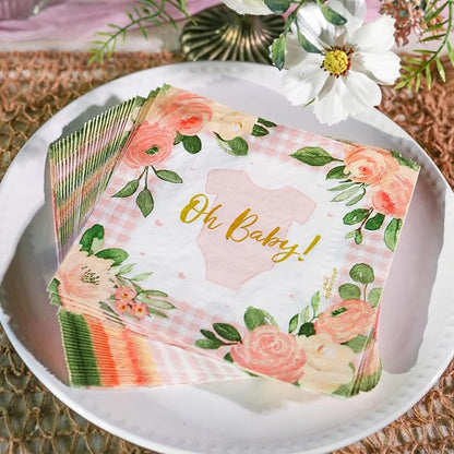 Kate Aspen Baby Shower Onesie Pink Floral & Gingham Tableware Set - 62pc. 16pcs 7 inch & 16pcs 9 inch Heavy Duty Disposable Party Plates, 30pcs 6.5 inch Durable Paper Napkins