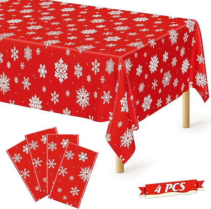 4 PACK Christmas Tablecloths, 54" x 108" Holiday Party Decor, Snowflakes Tablecloth Xmas Plastic Tablecloth Disposable Table Cloth Rectangle Tablecover, Christmas Decorations Holiday Party Supplies