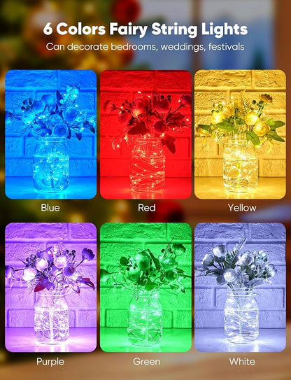 Minetom 20 Pack Fairy Lights Battery Operated String Lights, 8 Modes & Timer, 7ft 20LED 6 Colors Waterproof Silver Wire Twinkle Lights, Firefly Starry Moon Lights for Mason Jars DIY Christmas Wedding