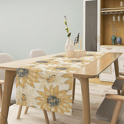 Chrysanthemum Vintage Floral Table Runner, Elegant Grunge Orange Sunflower Spring Summer Elegant Pattern Artichokes Flower Table Runner for Party Kitchen Dining Living Room Decor, 13x108 Inch