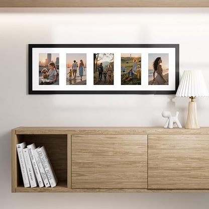 Vittanly 8x24 Collage Picture Frame, Displays 5Pcs 4x6 Pictures with Mat, Picture Frames Collage Wall Decor for Horizontal or Vertical Display, Black, 1 Pack