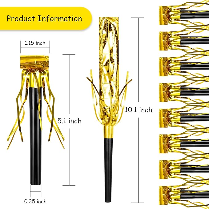 Skylety 18 Pcs Party Blower Noisemakers Party Squawkers Blowouts Whistles Fringed Noise Maker Musical Blowouts for Birthday Supplies(Black and Gold)