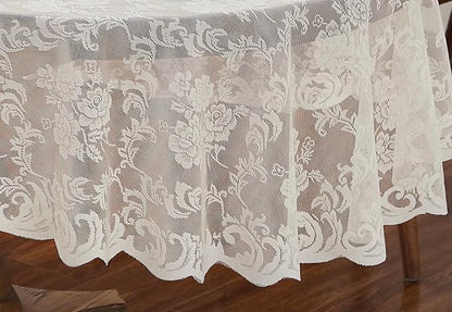 LinenZone Extra Large Ivory Round Tablecloth for Rustic Vintage Decor. Sheer Lace Table Cloth Works Great As Wedding Tablecloth or Thanksgiving Table Cover. (Mia 132 Round, Ivory)
