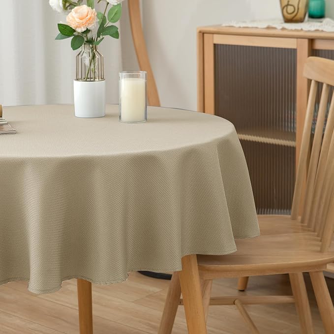 Biscaynebay Textured Fabric Round Tablecloths 70", Natural Water Resistant Table Cloth Circle Folding Table Covers for Dining, Kitchen, Wedding, Parties etc. Machine Washable