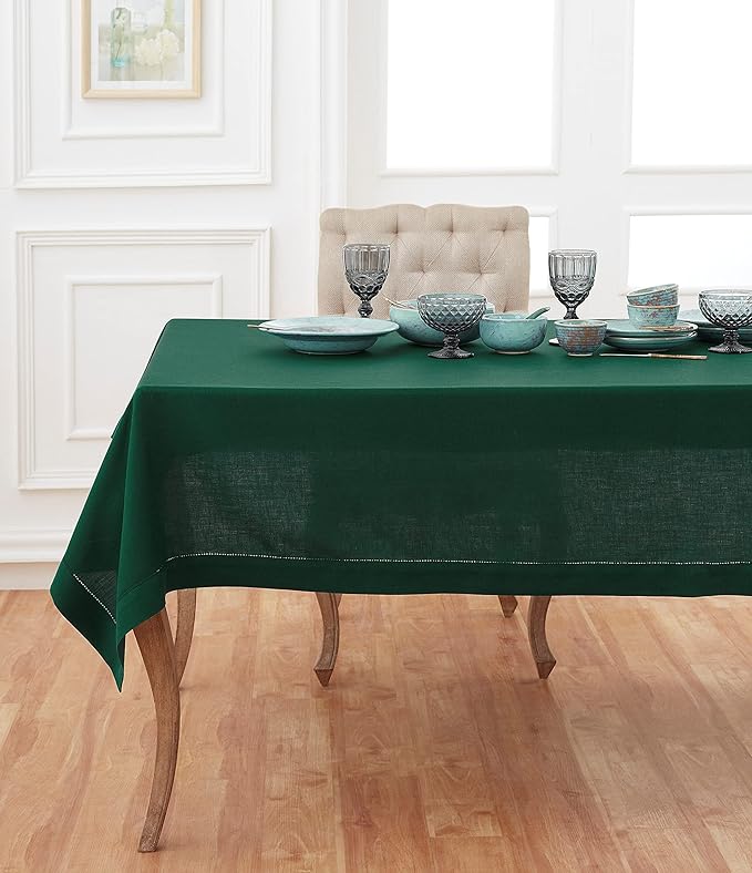 Solino Home Rainforest Green Linen Tablecloth 60 x 108 Inch - Classic Hemstitch, 100% Pure Linen Rectangular Tablecloth - Machine Washable Table Cloth for Fall, Thanksgiving, Christmas, Holiday