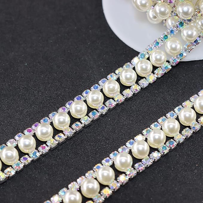Jerler Rhinestone Trim Applique 1 Yard 2 Rows Crystal Chain Banding Diamond Inlaid White Pearl Beaded Rhinestones for Crafts Clothing and Bridal Embellishments Wedding Ideas Christmas Decorations