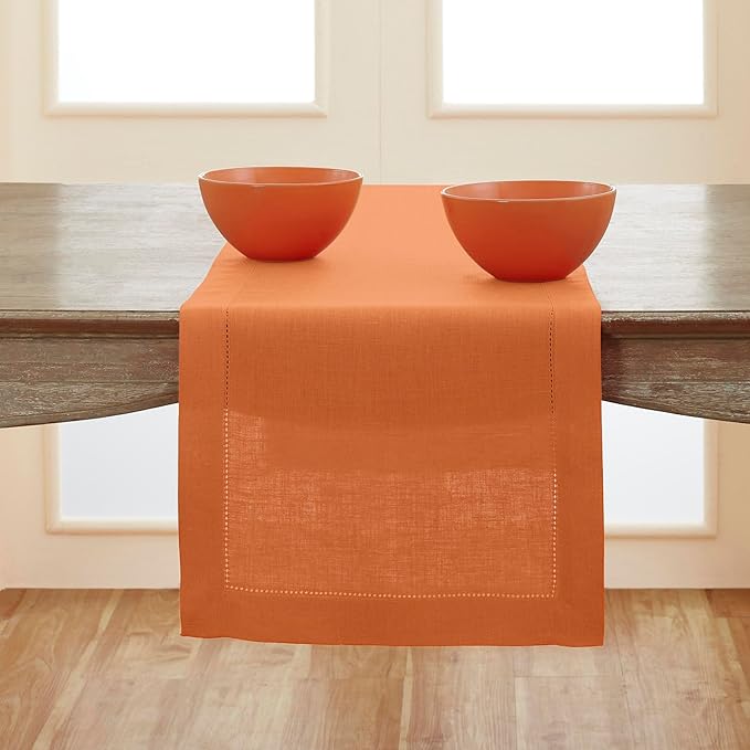 Solino Home Linen Hemstitch Table Runner 108 Inches Long - 100% Pure Linen Pumpkin Table Runner 14 x 108 Inch for Fall, Autumn, Halloween, Thanksgiving, Holiday - Classic Hemstitch