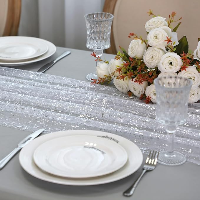 Snowkingdom 10 Pcs 10 FT Silver Table Runners, Sheer Chiffon Gauze Cheesecloth Runner, Sequin Glitter Silver Party Table Decoration Centerpieces for Wedding Christmas Birthday Bridal Baby Shower