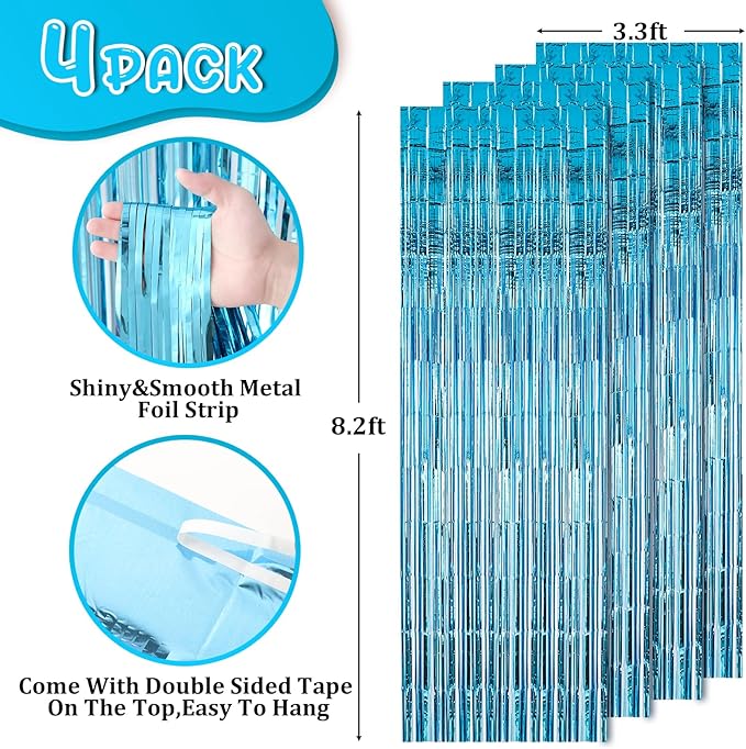 4 Pack 3.3x8.2 Feet Light Blue Foil Fringe Backdrop Curtains, Tinsel Streamers Birthday Party Decorations, Fringe Backdrop for Graduation, Baby Shower, Gender Reveal, Disco Party
