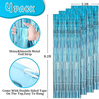 4 Pack 3.3x8.2 Feet Light Blue Foil Fringe Backdrop Curtains, Tinsel Streamers Birthday Party Decorations, Fringe Backdrop for Graduation, Baby Shower, Gender Reveal, Disco Party