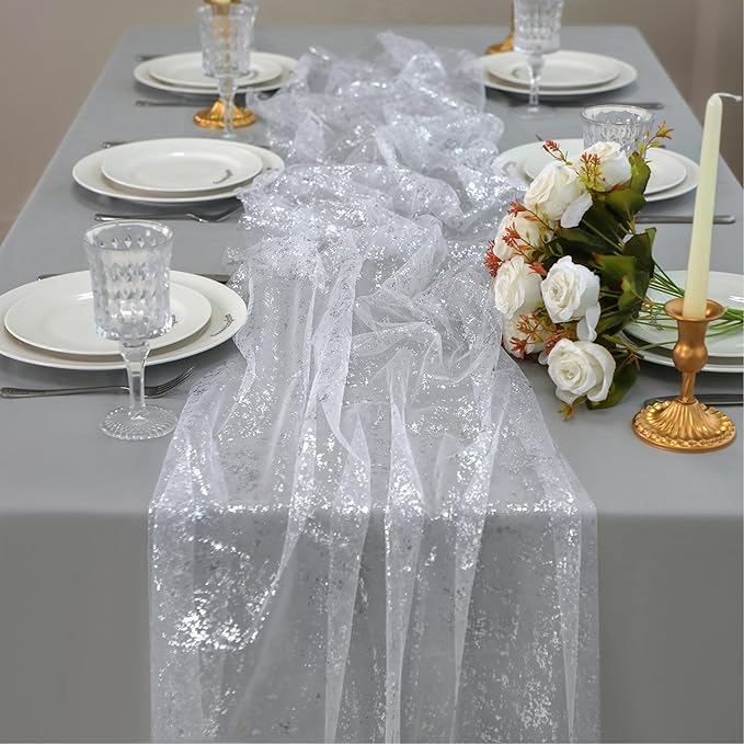 Snowkingdom 10 Pcs 10 FT Silver Table Runners, Sheer Chiffon Gauze Cheesecloth Runner, Sequin Glitter Silver Party Table Decoration Centerpieces for Wedding Christmas Birthday Bridal Baby Shower