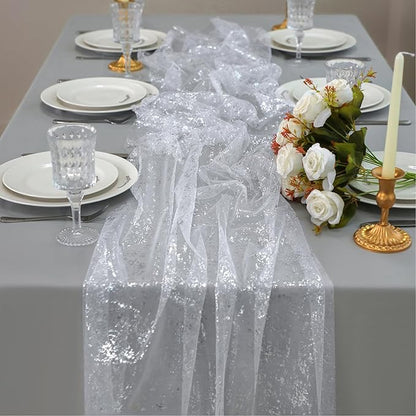 Snowkingdom 10 Pcs 10 FT Silver Table Runners, Sheer Chiffon Gauze Cheesecloth Runner, Sequin Glitter Silver Party Table Decoration Centerpieces for Wedding Christmas Birthday Bridal Baby Shower