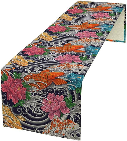 Japanese Retro Flowers Table Runner Oriental Tradition Kio Fish Art Printed Burlap Runner Home Kitchen Dining Table Living Room Decor Fabric 1 Panel W13xL70in