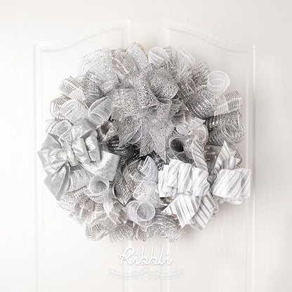 Ribbli 2 Rolls Silver Mesh Ribbon,10 inch x 30 feet(10Yard) Each Roll,Metallic Lt.Silver with Wide Silver Foil,Valentine's Day Ribbon for Wreath Swags and Decorating