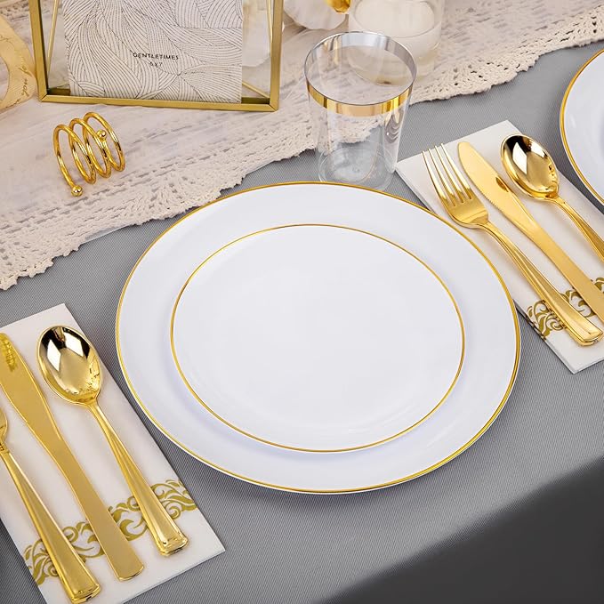 Supernal 350pcs White and Gold Plastic Plates,Gold Plastic Dinnerware for 50 Guests Include 100 White Disposable Plate, 150 Gold Silverware Set, 50 Disposable Cups, 50 Napkins