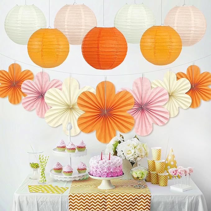 18Pcs Fall Pink and Orange Party Decorations, Hanging Paper Lanterns Flowers Fans for Girls Women Wall Baby Shower One Sweet Peach Thanksgiving Bachelorette Sunset Birthday Fall Party Decorations