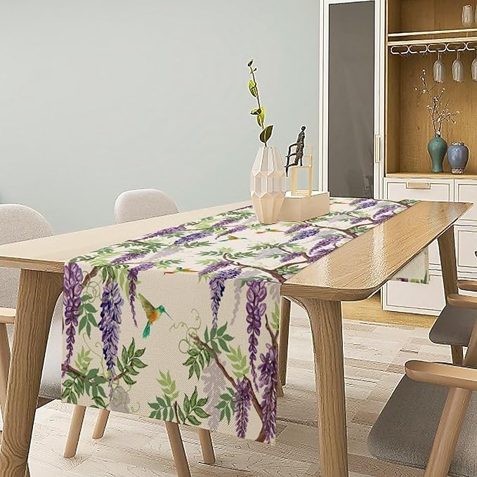 Vintage Bird Flower Table Runner Seasonal Spring Purple Wisteria Garden Plants Lavender Florals Farmhouse Country Kitchen Dinner Runner Dining Table Decoration for Home Party Holiday 13"x60"