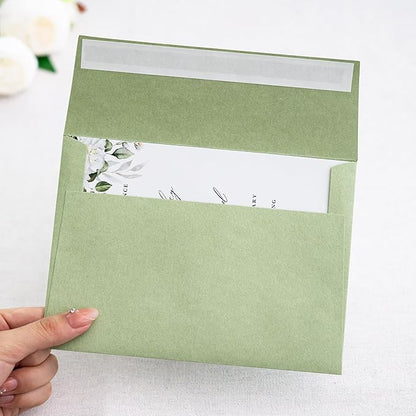 PONATIA 50 Pieces 5x7 Envelopes, A7 Envelopes Self Seal for Weddings, Invitation Cards, Photos, Postcards, Greeting Cards Mailing, Baby Shower, Graduation, Christmas Gift Cards (Sage Green)