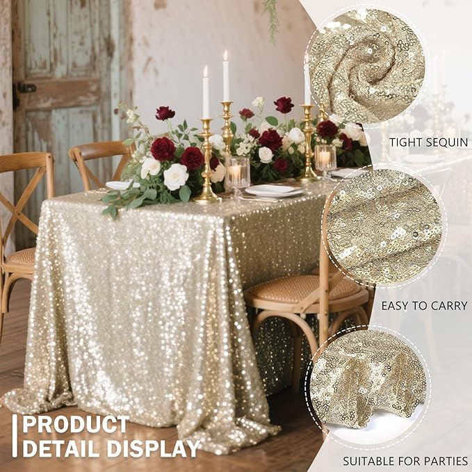 OQSQ Champagne Rectangle Sequin Tablecloth - 60x102 inch, Glitter Drape Table Cloth, Sparkle Sequence Table Overlays for Wedding Birthday Party Baby Bridal Shower