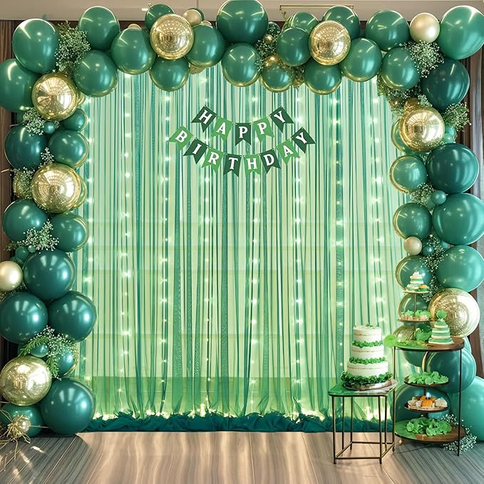 Hunter Green Tulle Backdrop Curtains with Lights String for Parites 10x8ft Sheer Backdrop Curtains Drapes for Birthday Party Bridal Shower Baby Shower Photo Booth Background Decorations