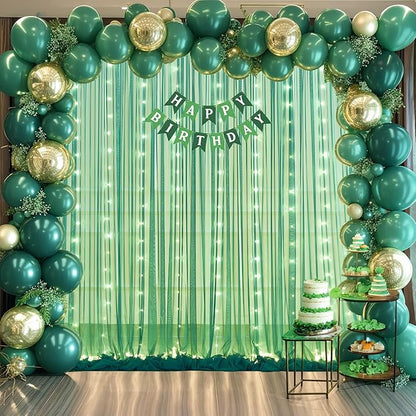 Hunter Green Tulle Backdrop Curtains with Lights String for Parites 10x8ft Sheer Backdrop Curtains Drapes for Birthday Party Bridal Shower Baby Shower Photo Booth Background Decorations