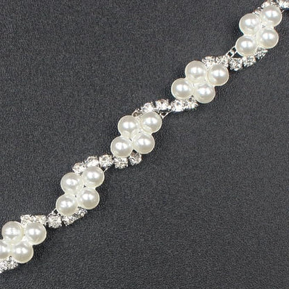 PEARLY JUN 2 Yards Pearl Rhinestone Trim Chain Silver Crystal Fringe Diamond Applique Ribbon String Tassel Strip for Sewing Wedding Dress Crafting Crafts Flower Embellishments