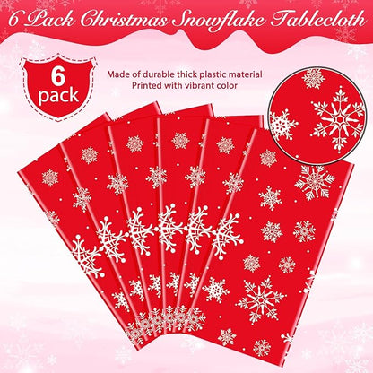 Jectivs 6 Pieces Christmas Snowflake Plastic Party Tablecloth Decorations,White Snowflake Red Xmas Backdrop Sign Table Cover Banner for Winter Christmas Holiday Party Supplies,54x108 inch (Red)