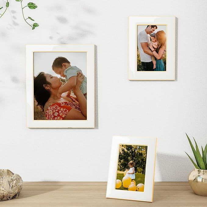 Fun Memories 4x6 Picture Frame - 1pcs White Enamel Glass Photo Frame with Gold Metal Edge & Easel for Display Picture Frame on Countertops, Tabletops, Bookshelves, Desks, Walls (White/Gold)