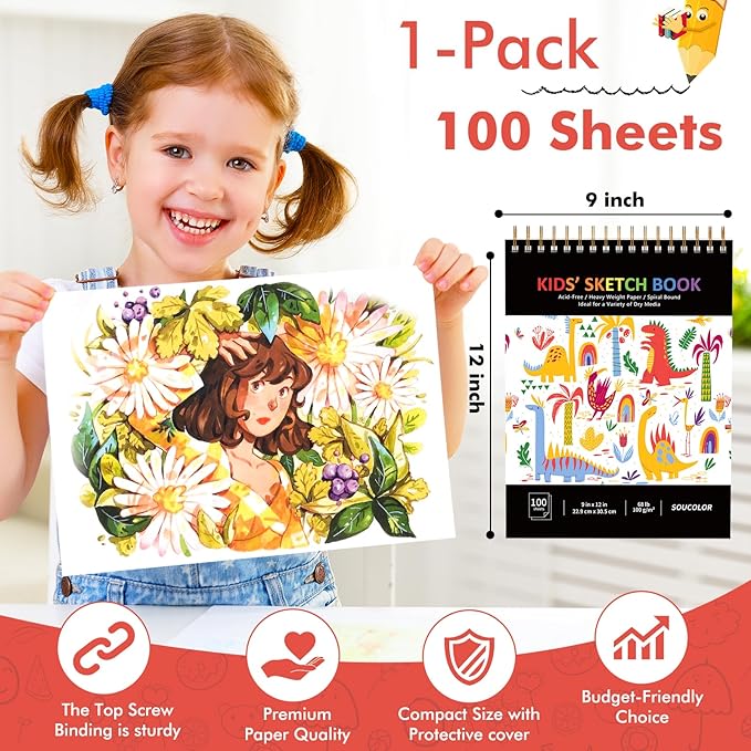 Soucolor 9" x 12" Kids Sketch Book, 100 Sheets Spiral Bound Art Sketchbook, Acid Free Artist Drawing Book Paper, Art Supplies for Adults, Craft Activities, Sketch Paper for Drawing Coloring Sketching