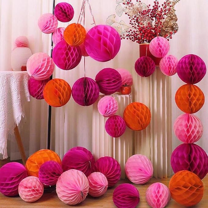 Paper Honeycomb Balls Decorations - 12 Pack Hanging Tissue Pom Poms for Weddings, Birthdays, Home Party Decor (Rose red Light Pink Orange)