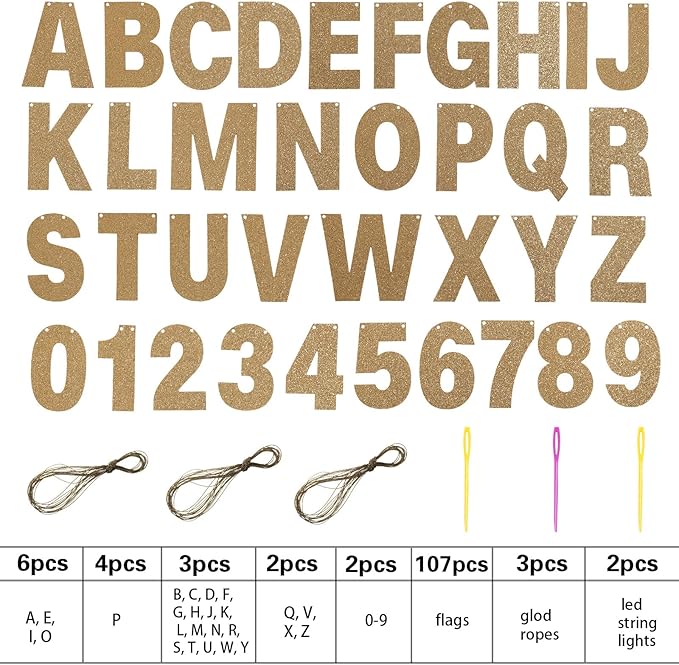 TaoBary 112 Pcs DIY Letter Kit Glitter Customizable Banner Letters Include 107 Letters and Numbers 3 Rope and 2 Needles for Birthday Halloween Christmas Wedding Valentine Party Decor(Champagne Gold)
