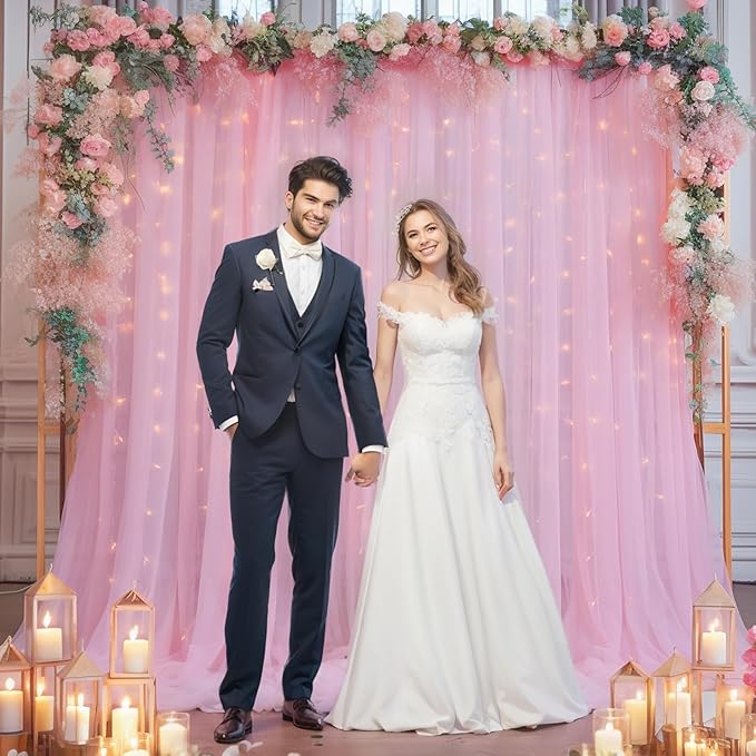 20×10ft Pink Tulle Backdrop Curtain with Lights String for Parties, Sheer Photo Backdrop Curtains for Wedding Party Photography Background