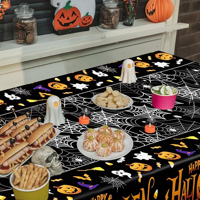 QZYL 4 Pack Halloween Tablecloth, 54" x 108" Halloween Decorations, Pumpkin Design Disposable Tablecover Plastic Table Cloth, Spider Webs Decorations Party Supplies Tableware Indoor