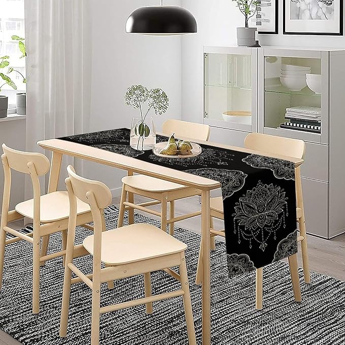 Lotus Flower Table Runner, Bohemian Ethnic Oriental Mandala Black White Floral Print Table Runner for Home Kitchen Dining Indoor Outdoor Dinner Party Decor, 13x108inch