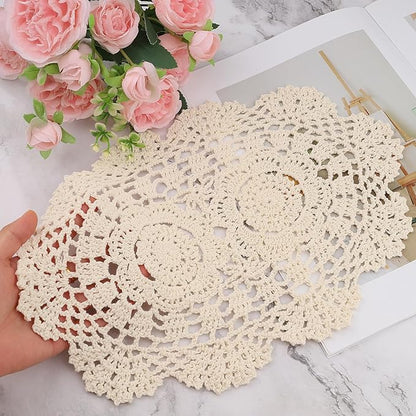 2-Pack Vintage Lace Placemats - 10x14 Inch French Crochet Lace Doilies, Handmade Embroidered Oval Table Mats for Dining, Tea Party, Wedding Decor, Furniture and Home Decoration (Beige)