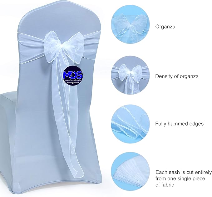 MDS Pack of 25 PCS Organza Chair Sashes Wider Dining Chair Bows Ribbon Tie Back for Wedding Party Birthday Bridal Shower Reception Event Banquet Home Chair Cover Decoration - White