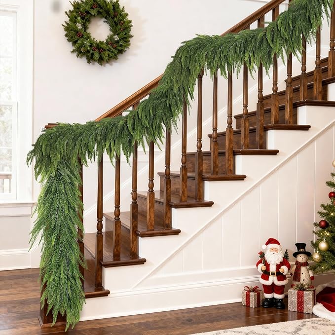 16FT Christmas Norfolk Pine Garland -1PCS, Artificial Pine Needles Garlands Faux Greenery Fake Garland for Holiday Fireplace,Table,Window,Stairs,Mante,Indoor Outdoor Decor