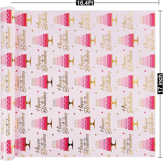 Aimyoo Pink Birthday Wrapping Paper Roll - 17 Inch X 16.4 Feet - Gold Foil Celebration Cake, Happy Birthday Lettering Design Gift Wrap for Kids, Baby Showers