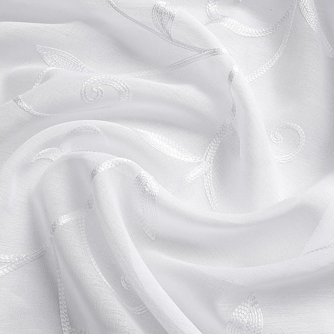 VISIONTEX White Leaves Sheer Voile Curtains, Decorative Embroidery Rod Pocket Window Drapes for Home Living Room and Bedroom 54 x 84 Inch, Set of 2 Curtain Panels