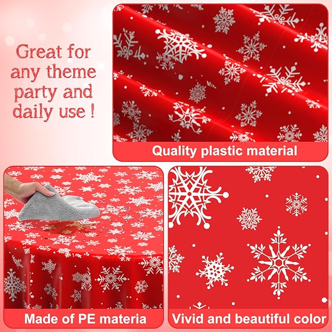 3 Pieces Christmas Snowflake Plastic Party Tablecloth Decorations, Disposable White Snowflake Red Xmas Round Table Cover Backdrop for Winter Christmas Holiday New Year Party Supplies,84 inch (Red)