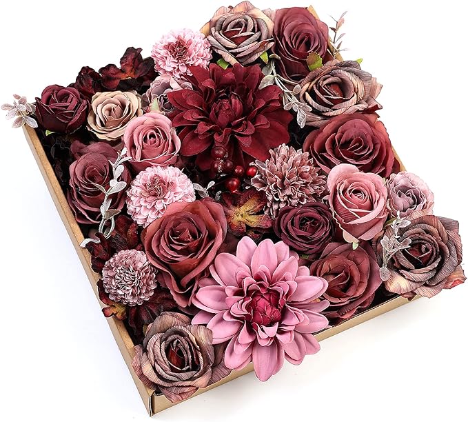 Serra Flora Artificial Flowers Combo Dahlia 25pcs Silk Fake Flowers Roses for DIY Wedding Bouquets Burgundy Centerpieces Arrangements Party Bridal Baby Shower Home Decorations(Burgundy)