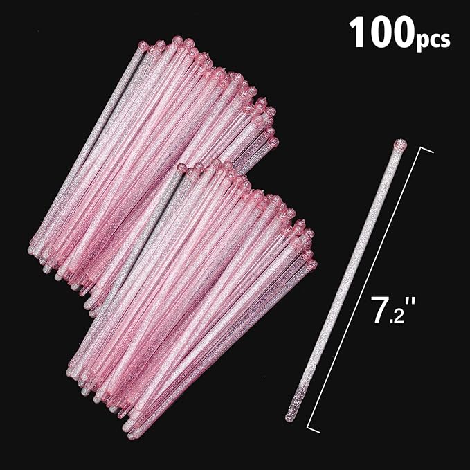 100-PCS Pink Glitter Plastic Swizzle Sticks, Crystal Cake Pops, Cocktail Coffee Drink Stirrers, Stir Sticks for Valentine's Day Christmas Party, 7.24 Inch