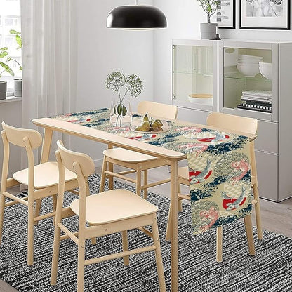 Japanese Table Runner Oriental Tradition Kio Fish Art Printed Burlap Runner Home Kitchen Dining Table Living Room Decor Fabric 1 Panel W13xL120in