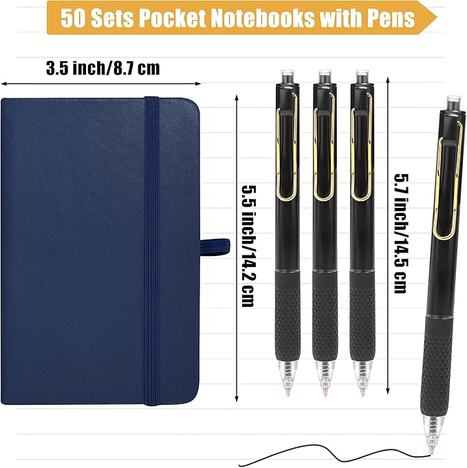 Aodaer 50 Sets Pocket Notebook Journal with Pens, 160 Pages, 3.5 x 5.5 Inch Mini Lined Journal Notebook A6 Leather Hardcover College Ruled Notepad with Pen Holder for School Office Gifts, Navy Blue