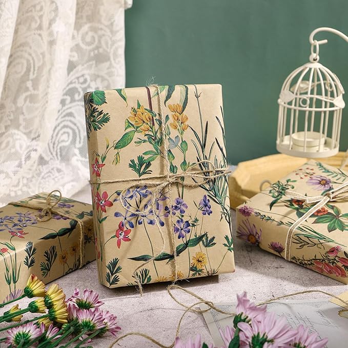 RUSPEPA Wild Flower Wrapping Paper Roll for Women, 17 Inches x 32.8 Feet, Mini Roll, Kraft Floral Design Wrapping Paper for Christian Gifts, Birthdays, Weddings, Bridal Shower and Engagement