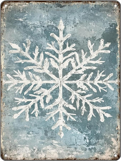 Vintage Christmas Tin Sign - Winter Snowflakes Metal Tin Sign - Wall Decor Sign for Outdoor Snowflake Christmas Decoration - 12x16Inch
