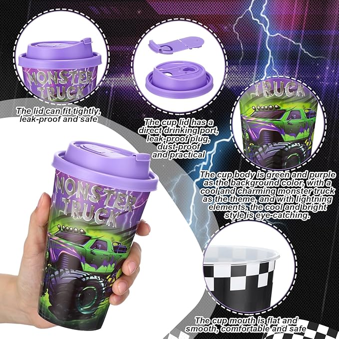 Yungyan 16 Sets Green Purple Monster Truck Party Favors Goodie Cups with Lids and Straws for Halloween Party Decorations Reusable 16oz Plastic Candy Cups Plastic Straws for Birthday Gift(Truck)