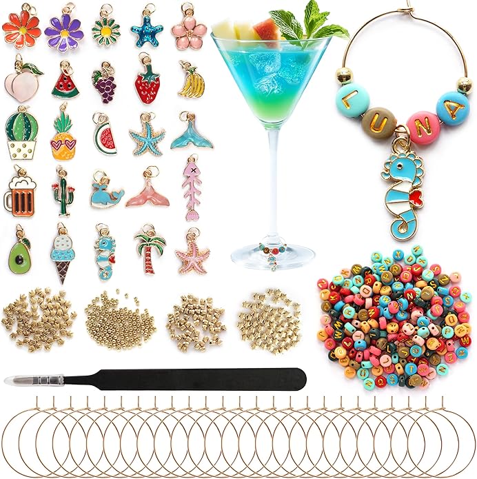 DIY Wine Glass Charms Kit, 25pcs Personalized Reusable Drink Marker Tags, Glass Identifiers for Wine Tasting Party, Unique Hostess Gifts & Party Decorations