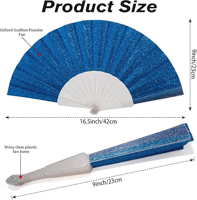 12 Pack Handheld Fan,Folding Hand Glitter fan with Shining Transparent Fan Rib – Ideal for Wedding, Church, Festival, Dance, Tea Party, Club, and EDM Accessories, Royal blue