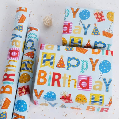 Aimyoo Blue Birthday Wrapping Paper Roll - 17 Inch X 32.8 Feet - Gold Foil Happy Birthday Lettering & Balloon Design Gift Wrap for Kids, Baby Showers